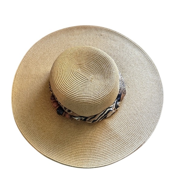 Cappelli Straworld Wide Brim Animal Print Scarf Beaded Sun Hat One Size - Picture 4 of 12